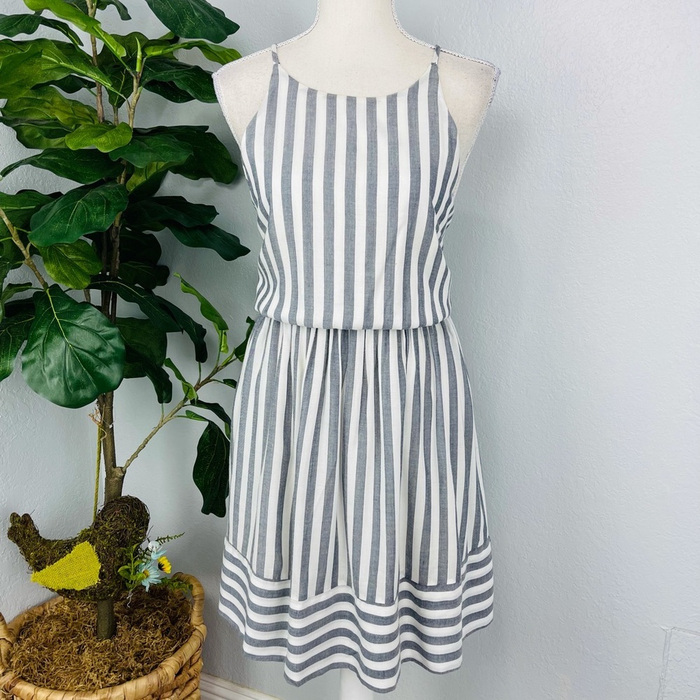 AQUA LIGHT GREY BLUE AND WHITE STRIPE HALTER TOP DRESS